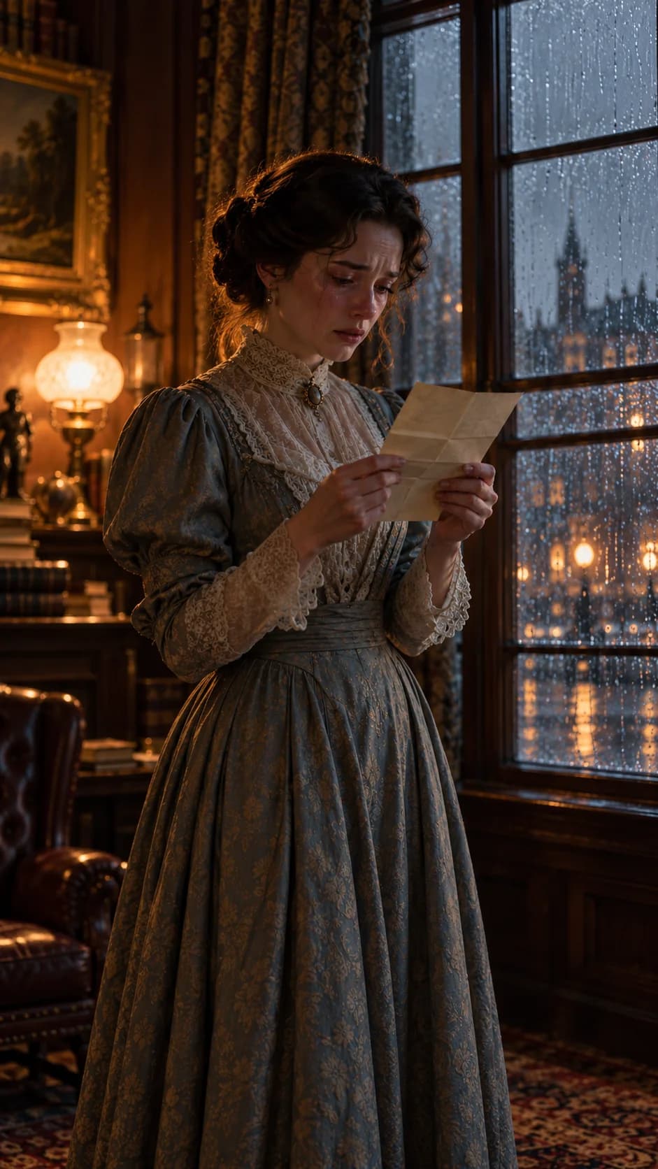 A woman in 1912 reads a letter by lamplight, from The Stannards.