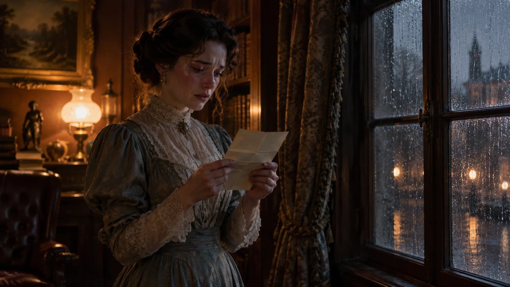 A woman in 1912 reads a letter by tungsten light, from The Stannards.